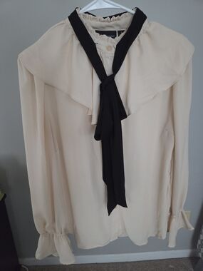 New York & Company Cream Blouse with Black Neck Tie